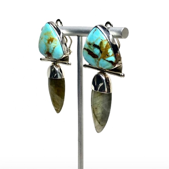 VINTAGE Sterling Silver Turquoise Labradorite Omega Back Earrings - Picture 6 of 15
